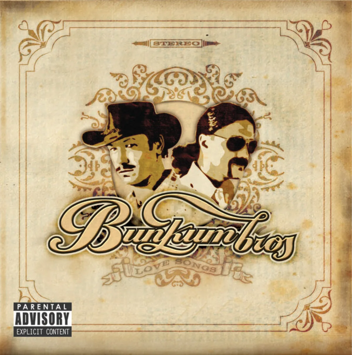Love Songs album cover: Phil and Charlie Bunkum in sepia under an ornate Bunkum Bros. logo