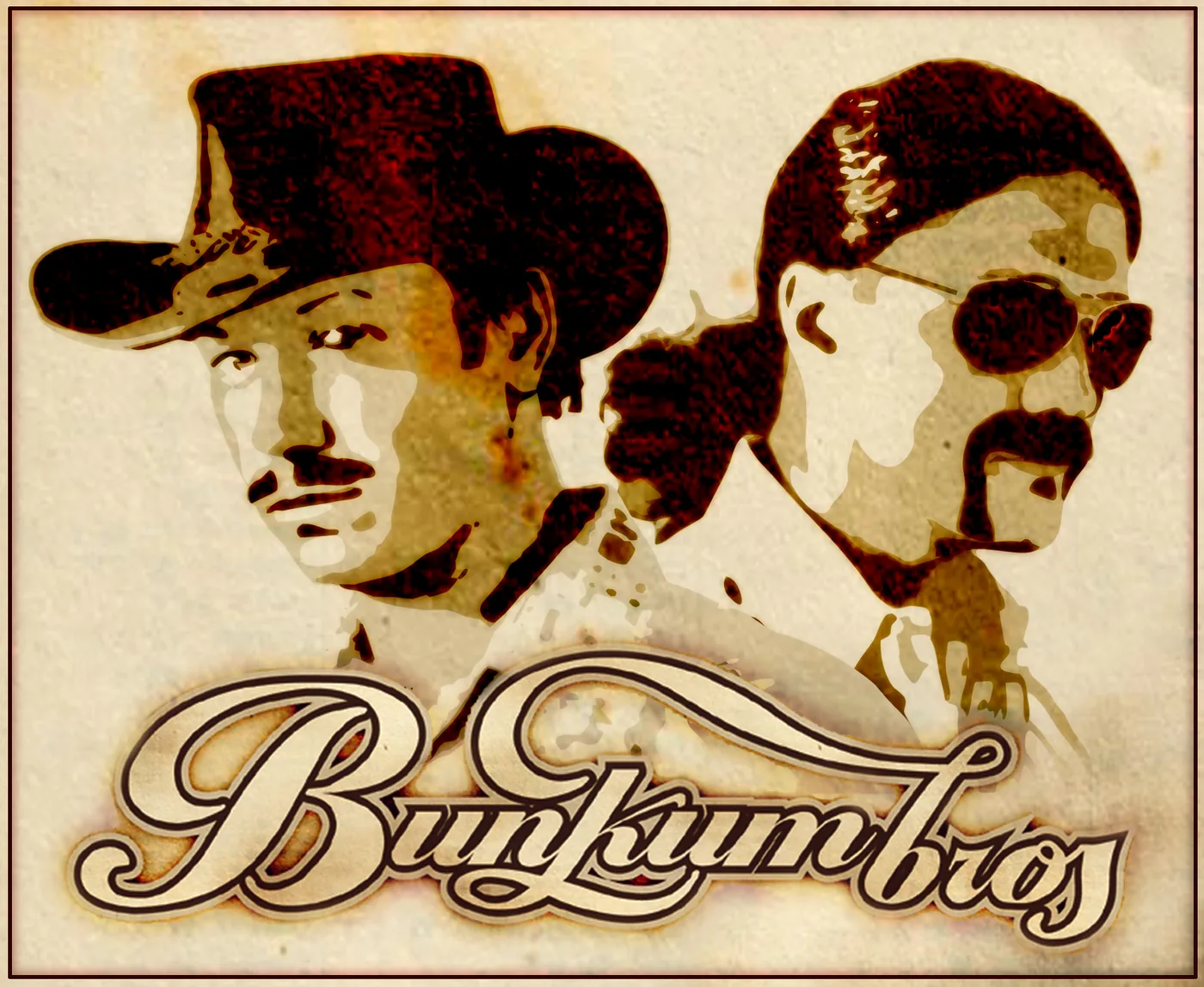 Sepia wanted-poster portrait of Phil and Charlie Bunkum in cowboy hats and mustaches above the Bunkum Bros. logo